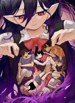 Rule 34 | 2girls, 4boys, absurdres, alternate eye color, animal ear fluff, animal ears, ankle socks, aubrey (faraway) (omori), aubrey (omori), bags under eyes, bare arms, bare legs, bare shoulders, basil (faraway) (omori), basil (omori), black hair, black sweater vest, black tank top, blonde hair, blue hairband, blue shirt, book, bow, bow hairband, bowtie, breasts, brother and sister, brothers, brown hair, brown shorts, brown tail, chinese commentary, closed eyes, closed mouth, commentary request, crossed arms, denim, denim shorts, dot nose, double-parted bangs, fangs, fetal position, film grain, fingernails, flower, flower wreath, full body, fur-trimmed shorts, fur trim, giant, giantess, gradient hair, green shirt, grey pants, grey skirt, hair behind ear, hair between eyes, hair spread out, hairband, halftone, hands on own knees, hands up, head wreath, hero (faraway) (omori), hero (omori), highres, holding, holding book, hugging object, hugging own legs, inverted eyelashes, jewelry, jitome, kel (faraway) (omori), kel (omori), kemonomimi mode, laola4869, long hair, looking down, lying, mari (faraway) (omori), mari (omori), midriff, miniskirt, monsterification, multicolored hair, multiple boys, multiple girls, navel, necklace, omori, on back, on side, orange tank top, pants, parted lips, pink background, pink hair, pointy ears, purple hair, red bow, red bowtie, red eyes, shirt, short hair, short sleeves, shorts, siblings, simple background, skirt, slit pupils, small breasts, smile, socks, sunny (omori), sweater vest, t-shirt, tail, tank top, two-tone hair, u u, upper body, vampire, very long hair, very short hair, white flower, white shirt, white socks, wolf boy, wolf ears, wolf tail