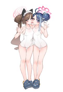 ahoge blue_archive blue_hair breasts brown_hair crocs dthmns fubuki_(blue_archive) fubuki_(swimsuit)_(blue_archive) full_body hair_bun halo highres kiss loli looking_at_viewer multicolored_hair one-piece_swimsuit pink_eyes shizuko_(blue_archive) side-by-side simple_background skin_tight small_breasts swimsuit twintails two-tone_hair v white_background white_one-piece_swimsuit yuri