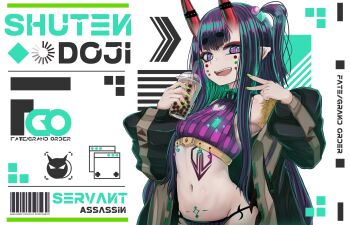 Rule 34 | 1girl, armpits, b.d, bare shoulders, breasts, bubble tea, character name, commentary request, copyright name, cropped shirt, cup, eyeliner, fangs, fate/grand order, fate (series), highres, horns, jacket, long hair, long sleeves, looking at viewer, makeup, navel, off shoulder, one side up, oni, open mouth, petite, pointy ears, purple hair, purple shirt, shirt, short eyebrows, shuten douji (fate), skin-covered horns, sleeveless, sleeveless shirt, small breasts, smile, solo, stomach