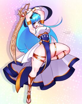 1girl alternate_costume armlet bare_shoulders belt blue_dress blue_hair blush blutgang_(fire_emblem) bracelet braid breasts brown_eyes crown_braid dancer dancer_(fire_emblem:_three_houses) dress earrings fire_emblem fire_emblem:_three_houses fire_emblem_warriors:_three_hopes gladiator_sandals gold_belt highres holding holding_sword holding_weapon jaxdrawz jewelry long_hair looking_at_viewer marianne_von_edmund marianne_von_edmund_(timeskip) medium_breasts nintendo official_alternate_hairstyle open_mouth pelvic_curtain sandals single-shoulder_dress smile solo sword thighlet very_long_hair weapon white_dress