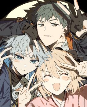 1girl 2boys ahoge bags_under_eyes black_bow black_coat black_gloves blonde_hair blue_eyes blush bow closed_eyes coat collared_coat collared_shirt double_v earrings fate/grand_order fate_(series) fingerless_gloves gloves grey_eyes grey_hair hair_bow half_updo hand_on_another's_head highres hood hooded_jacket jacket japanese_clothes jewelry kimono looking_at_viewer multicolored_jacket multiple_boys okita_souji_(first_ascension)_(fate) open_mouth pink_kimono prosthesis prosthetic_arm saitou_hajime_(fate) saitou_hajime_(first_ascension)_(fate) shirt smile sweat toramaru_(696anna) toudou_heisuke_(fate) turtleneck two-tone_jacket v white_hair white_shirt