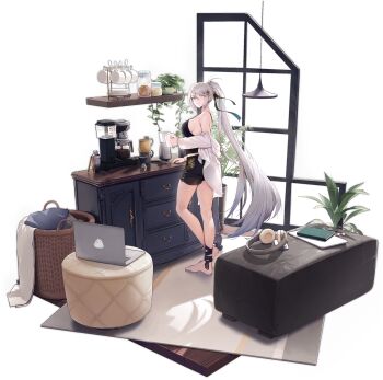 1girl ankle_ribbon azur_lane barefoot basket black_shorts blouse book breasts cabinet character_name coffee_maker coffee_pot computer copyright_name cup earphones headphones highres holding holding_cup indoors kirov_(azur_lane) kirov_(blend_r)_(azur_lane) laptop large_breasts leg_ribbon long_hair long_sleeves looking_at_viewer manjuu_(azur_lane) mug off_shoulder official_alternate_costume official_art parted_lips ponytail ribbon shirt short_shorts shorts sideboob smile solo standing swept_bangs transparent_background very_long_hair white_hair white_shirt yellow_eyes