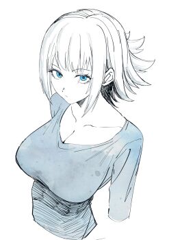 1girl blue_eyes breasts cleavage closed_mouth collarbone commentary_request cropped_arms from_above hakutaku_(nue_no_onmyouji) hatching_(texture) highres large_breasts linear_hatching looking_at_viewer minorun9 nue_no_onmyouji partially_colored short_hair sketch solo spiked_hair