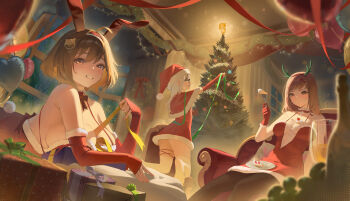 Rule 34 | 3girls, absurdres, animal ears, anis (nikke), bare shoulders, black pantyhose, box, breasts, brown eyes, brown hair, cake, cake slice, cat hair ornament, chair, christmas, christmas ornaments, christmas present, christmas tree, cleavage, closed mouth, collar, commentary, counters (nikke), deer ears, dress, elbow sleeve, english commentary, food, fork, frilled collar, frills, gift, gift box, glasses, goddess of victory: nikke, grin, hair ornament, hakkun270, hat, highres, holding, holding fork, indoors, kneeling, large breasts, looking at viewer, multiple girls, neon (nikke), night, pantyhose, plate, rapi (nikke), santa costume, santa dress, santa hat, short hair, sideboob, sitting, smile, thigh strap, thighhighs, white hair, white thighhighs, window