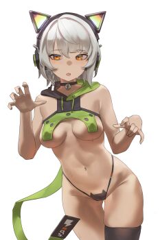 1girl absurdres alternate_costume anby_demara animal_ear_headphones animal_ears aragiken bare_arms bare_shoulders bell black_panties braid braided_sidelock breast_curtains breasts cat_ear_headphones cat_ears claw_pose commentary covered_erect_nipples cowboy_shot detached_hood english_commentary fake_animal_ears fang grey_hair headphones highres looking_at_viewer medium_breasts navel neck_bell open_mouth panties short_hair simple_background single_thighhigh skin_fang solo stomach string_panties sweat thighhighs underwear white_background zenless_zone_zero