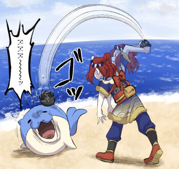 1girl blue_kimono blue_sky bow cloud commentary_request day fangs full_body gen_3_pokemon golden_kamuy hair_bun heavy_ball hisuian_heavy_ball hitting in_the_face japanese_clothes kimono medium_hair motion_lines musuka_artist nintendo obi open_mouth outdoors pain poke_ball pokemon pokemon_legends:_arceus pouch red_bow red_hair red_sash red_shoes sash scene_reference shoes shore short_sleeves single_hair_bun sky smile spheal standing translation_request two-tone_headband water