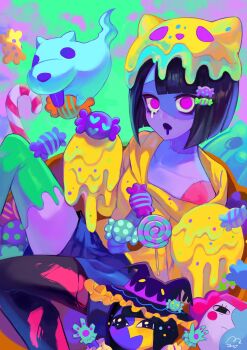 @_@ alternate_costume black_hair blue_skin blunt_bangs blunt_ends bob_cut candy chibi chibi_inset colored_skin dog drooling ena:_dream_bbq ena_(dream_bbq) ena_(ena) ena_(series) ena_(species) ena_(web_series) food ghost hangover_ena happy_ena hat highres hole_on_body hood hoodie looking_at_viewer makeup moony_(ena) mouth_drool multicolored_skin multiple_girls open_mouth red_skin rouge_(makeup) smile split-color_skin two-tone_skin usagimarumei