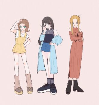 3girls adapted_costume black_boots black_hair black_shirt black_shoes blonde_hair blue_coat blue_eyes blue_shorts blush boots brown_eyes brown_hair brown_leg_warmers brown_shoes closed_mouth coat denim denim_shorts dissidia_duellum_final_fantasy dissidia_final_fantasy dress final_fantasy final_fantasy_viii flipped_hair folded_ponytail full_body green_eyes grey_socks hand_on_own_hip highres holding_own_arm jacket jacket_partially_removed jewelry kahok leg_warmers long_hair long_sidelocks long_skirt medium_hair multiple_girls necklace off_shoulder official_alternate_costume open_mouth orange_dress orange_jacket overalls quistis_trepe ring ring_necklace rinoa_heartilly salute selphie_tilmitt shirt shoes short_shorts shorts sidelocks skirt sleeveless sleeveless_shirt smile sneakers socks standing t-shirt undershirt v white_shirt yellow_overalls