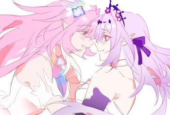 2girls blush breasts castorice_(honkai:_star_rail) cleavage collared_dress commentary cycstrc cyrene_(demiurge)_(honkai:_star_rail) cyrene_(honkai:_star_rail) detached_sleeves dress english_commentary floral_print flower hair_flower hair_ornament highres honkai:_star_rail honkai_(series) imminent_hug long_hair low-tied_long_hair multicolored_hair multiple_girls pink_eyes pink_hair pointy_ears purple_eyes purple_hair simple_background sleeveless smile streaked_hair tiara upper_body white_background yuri