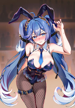 1girl ahoge alternate_costume animal_ear_hairband animal_ears arm_strap bare_shoulders belt blue_eyes blue_hair blue_leotard blue_necktie blurry blurry_background blush breasts brown_pantyhose cleavage closed_mouth commentary covered_navel english_commentary fake_animal_ears fingernails fishnet_pantyhose fishnets foxyreine hairband hand_up highres indoors iuno_(wuthering_waves) large_breasts laurel_crown leaning_forward leotard looking_at_viewer multicolored_hair necktie nose_blush pantyhose playboy_bunny rabbit_ear_hairband rabbit_ears solo strapless strapless_leotard streaked_hair sweat textless_version thigh_belt thigh_gap thigh_strap twintails wuthering_waves