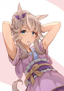 1girl animal_ears arms_behind_head blue_eyes blush bow breasts closed_mouth ear_bow ear_ornament frills grey_hair hair_between_eyes hair_bun hair_ornament hair_tie_in_mouth highres horse_ears horse_girl horse_tail japanese_clothes kimono long_hair looking_at_viewer mouth_hold multicolored_hair pink_kimono sash simple_background smile solo streaked_hair tail tying_hair umamusume upper_body wonder_acute_(umamusume) yukota00