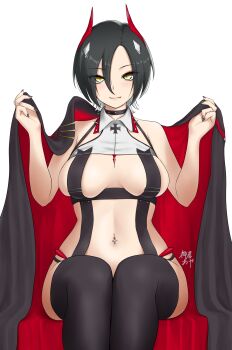 Rule 34 | 1girl, absurdres, azur lane, bare shoulders, black choker, black coat, black hair, black nails, black thighhighs, breast strap, breasts, choker, cleavage, closed mouth, coat, collared shirt, commentary request, cover image, crop top, cross, cross piercing, hair between eyes, highres, horns, iron cross, kamui aya, large breasts, looking at viewer, mechanical horns, multicolored hair, nail polish, navel, navel piercing, piercing, red horns, shirt, short hair, sidelocks, signature, simple background, sitting, skindentation, slit pupils, solo, spiked choker, spikes, stomach, thighhighs, two-tone hair, ulrich von hutten (azur lane), white background, white hair, white shirt, yellow eyes
