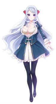 1girl alternate_breast_size bra bra_peek breast_growth breasts cleavage full_body ginjou_nanami hair_tie highres huge_breasts lace lace-trimmed_bra lace_trim long_hair long_sleeves omega_labyrinth_life purple_eyes school_uniform shoes simple_background thighhighs torn_bra torn_clothes u35 underwear very_long_hair white_background white_bra white_hair