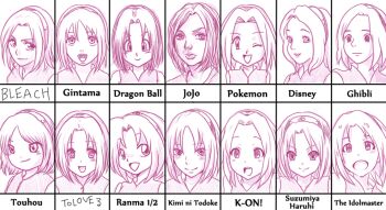 black_and_white bleach chart comparison disney dragon_ball gintama hairband happy jojo k-on! kimi_ni_todoke nintendo pokemon ranma_1/2 short_hair sketch smile solo studio_ghibli suzukmiya_haruhi the_idolmaster tolove3 touhou