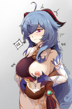1girl absurdres ahoge bare_shoulders bell black_gloves blue_hair breast_milk_in_container breasts coconut commentary detached_sleeves english_commentary fruit_cup ganyu_(genshin_impact) genshin_impact gloves goat_horns highres horns korean_text lactating_into_container lactation large_breasts large_variant_set long_hair medium_breasts neck_bell nipples one_breast_out purple_eyes sidelocks solo taphris variant_set white_background