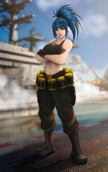 1girl absurdres blue_eyes blue_hair boots breasts female_focus highres large_breasts leona_heidern long_hair looking_at_viewer military outdoors pale_skin pants ponytail shirt standing tank_top teban19 the_king_of_fighters thick_thighs thighs tight_clothes tight_shirt
