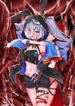 2girls absurdres animal_ears armpits bare_shoulders belly black_hair black_jacket blush breasts bronya_zaychik bronya_zaychik_(haxxor_bunny) drill_hair fake_animal_ears flower gloves grey_eyes hand_up highres holding_hands honkai_(series) honkai_impact_3rd hood jacket legs liquid long_sleeves looking_at_another looking_at_viewer multiple_girls navel off_shoulder open_clothes open_jacket open_mouth open_shorts qaq_baiguang rabbit_ears red_eyes seele_vollerei shorts silver_hair small_breasts smile standing tentacle_sex tentacles tentacles_under_clothes thigh_strap yuri