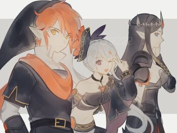 1boy 2girls a15179222 alternate_color armor bandeau bare_shoulders belt black_belt black_hat black_shirt black_sleeves black_tunic blue_eyes border breasts brown_eyes circlet closed_mouth collared_shirt commentary_request crop_top detached_sleeves earrings grey_background grey_hair grey_shirt hair_between_eyes hand_on_own_cheek hand_on_own_face hat highres hyrule_warriors jewelry lana_(hyrule_warriors) large_breasts link long_hair medium_breasts midriff multiple_girls nintendo one_eye_closed open_mouth orange_eyes orange_hair phrygian_cap poi pointy_ears ponytail princess_zelda shirt short_hair shoulder_armor sidelocks smile the_legend_of_zelda tunic twintails upper_body v white_border white_shirt