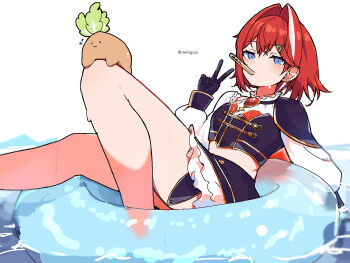 Rule 34 | 1girl, :3, ange katrina, bare legs, blue eyes, blush, breasts, cape, commentary request, creature, creature on leg, double-parted bangs, feet out of frame, gem, gloves, gold trim, gradient eyes, hair intakes, hair ornament, hand up, highres, idol clothes, knee up, layered shirt, layered skirt, leaning back, long sleeves, looking at viewer, mandragora, mandragora (ange katrina), medium hair, midriff, miniskirt, mouth hold, multicolored eyes, multicolored hair, neko kai-san, nijisanji, nijisanji idol uniform, popsicle stick, puffy long sleeves, puffy sleeves, purple cape, purple eyes, purple gloves, purple shirt, purple skirt, red gem, red hair, shirt, side cape, skirt, sleeve cuffs, sleeves past wrists, small breasts, solo focus, streaked hair, sweat, thigh strap, translation request, transparent innertube, triangle hair ornament, twitter username, two-tone hair, v, virtual youtuber, water, white background, white hair, white shirt, white skirt