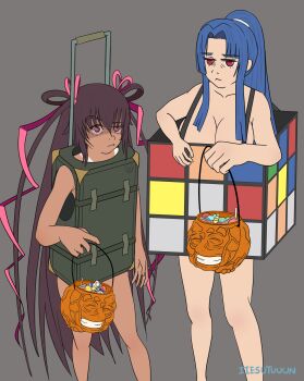 2girls :&lt; :/ artist_request bad_end blue_hair breasts brown_hair candy cosplay disgust food full_body grey_background hair_ribbon halloween halloween_bucket halloween_costume high_ponytail large_breasts long_hair mizuki_yukikaze multiple_girls one-piece_tan parody ponytail pun red_eyes ribbon rubik&#039;s_cube shaded_face simple_background standing taimanin_(series) taimanin_asagi_3 taimanin_yukikaze tan tanline trait_connection twintails very_long_hair yatsu_murasaki
