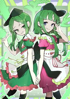2girls absurdres alternate_hair_color apron black_socks blue_eyes closed_mouth commentary_request dress green_dress green_eyes green_hat hat highres holding_hands interlocked_fingers kuromaru_ira long_hair looking_at_viewer multiple_girls nishida_satono pink_dress puffy_short_sleeves puffy_sleeves short_hair_with_long_locks short_sleeves smile socks teireida_mai touhou v waist_apron white_apron