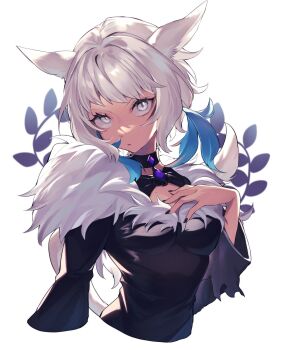 Rule 34 | 1girl, animal ears, black dress, black nails, blind, blue eyes, cat ears, cat girl, ch ro49, dark-skinned female, dark skin, dress, feather hair ornament, feathers, final fantasy, final fantasy xiv, fur-trimmed dress, fur trim, hair ornament, hand on own chest, highres, miqo'te, nail polish, solo focus, upper body, white hair, y'shtola rhul