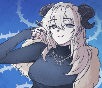 1girl alternate_species arm_up black_horns black_nails black_sweater blue_background breasts chain chain_necklace cross cross_necklace curled_horns demon_girl demon_horns double-parted_bangs earclip fingernails fur_scarf girls_band_cry grey_eyes grey_hair grin hair_between_eyes hand_up horns jewelry kawaragi_momoka large_breasts latin_cross long_hair long_sleeves looking_at_viewer middle_ring multicolored_hair multiple_necklaces n_nai_nai_n nail_polish necklace pinky_ring ribbed_sweater roots_(hair) sharp_fingernails sleeves_past_wrists smile solo sweater thorns turtleneck turtleneck_sweater two-tone_hair upper_body