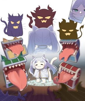 absurdres animal animal_ear_fluff animal_ears animalization brown_background cat cat_ears closed_eyes closed_mouth clothed_animal commentary_request demon dress frieren gradient_background grey_background grey_hair happy highres j_humbo long_hair mimic mimic_chest no_humans smile sousou_no_frieren tongue tongue_out twintails