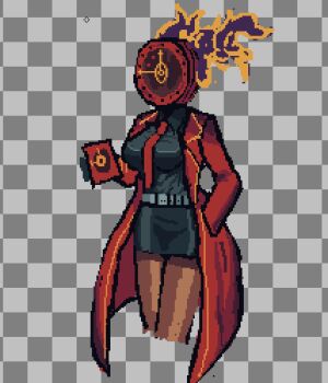 1girl analog_clock baeloe belt bodycon breasts burning checkered_background clock coat dante_(limbus_company) dark-skinned_female dark_skin genderswap genderswap_(otf) hand_in_pocket holding limbus_company necktie no_pants pixel_art project_moon prosthetic_head red_coat red_necktie solo upper_body