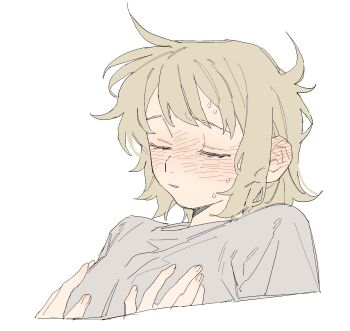 1girl blush closed_eyes dayama dungeon_meshi falin_touden falin_touden_(tallman) grabbing_another&#039;s_breast groping highres short_hair sweat