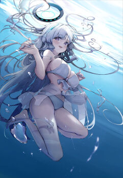 1girl :d air_bubble alternate_costume bare_legs barefoot bikini blue_archive blue_nails blush breasts bubble caff_(aosui9) commentary_request eyelashes eyes_visible_through_hair floating_hair full_body glint halo hands_up headgear highres large_breasts long_hair looking_at_viewer mechanical_halo nail_polish navel noa_(blue_archive) open_mouth purple_eyes sideboob sidelocks skindentation smile solo submerged swimsuit tareme thighs underwater very_long_hair white_bikini white_hair white_halo