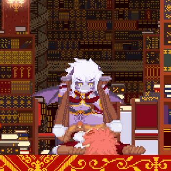 Rule 34 | amazon position, animated, animated gif, assertive female, attack it! devil legion, bad id, bad pixiv id, book, boots, character request, clothed sex, colored skin, cum, cum in pussy, demon girl, demon wings, facial mark, femdom, grin, horns, library, lowres, pixel art, poring (poccii890), purple skin, sex, smile, uncensored, white hair, wings, yellow eyes