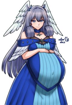 1girl bare_shoulders blue_choker blue_dress breasts choker closed_mouth commentary corrupted_twitter_file covered_navel cowboy_shot dress english_commentary head_wings highres long_dress long_hair looking_at_viewer medium_breasts melia_antiqua pregnant rotomdocs simple_background smile solo white_background wings xenoblade_chronicles_(series) xenoblade_chronicles_3