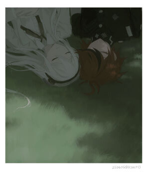 1boy 1girl ahoge black_hair black_hairband black_jacket black_ribbon border buttons closed_eyes closed_mouth commentary_request grass hai_(haihki) hair_between_eyes hairband high_collar highres jacket kashimiya_karua lapels last_defense_academy_school_uniform long_hair lying multicolored_hair neck_ribbon notched_lapels on_back on_grass open_clothes open_jacket outdoors red_hair ribbon school_uniform shirt short_hair smile streaked_hair sumino_takumi the_hundred_line_-last_defense_academy- two-tone_hair upside-down white_background white_border white_hair white_jacket white_shirt