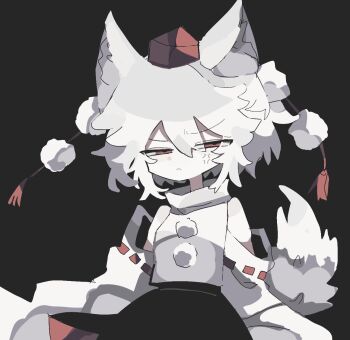 1girl anger_vein animal_ears black_background black_skirt cowboy_shot detached_sleeves frown hat hat_tassel highres inm_6904 inubashiri_momiji looking_at_viewer pom_pom_(clothes) pom_pom_hat_ornament ribbon-trimmed_sleeves ribbon_trim shirt short_hair skirt sleeveless sleeveless_shirt solo squinting tail tokin_hat touhou white_hair white_shirt white_sleeves wolf_ears wolf_girl wolf_tail