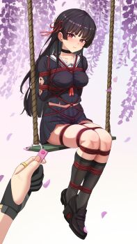 1girl absurdres arms_behind_back bdsm black_choker black_hair black_serafuku black_socks bondage bound bound_arms bound_legs breast_bondage breasts chisa_(wuthering_waves) choker collarbone commentary_request controller highres long_hair looking_at_viewer medium_breasts midriff_peek on_swing red_eyes red_ribbon remote_control restrained ribbon school_uniform serafuku shibari shibari_over_clothes shoes skindentation socks swing very_long_hair wanliu wuthering_waves