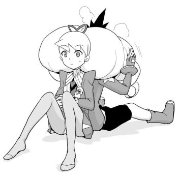 1boy 1girl back-to-back bad_id boots dress fingerless_gloves geo_stelar_(mega_man) gloves greyscale heriyama luna_platz_(mega_man) mega_man_(series) mega_man_star_force_(series) monochrome panties panty_peek pantyhose simple_background sitting underwear white_background