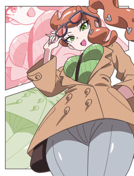 1girl adjusting_eyewear between_breasts black-framed_eyewear breasts brown_coat coat denim eyewear_on_head green_eyes green_shirt hair_ornament hand_in_pocket hand_up heart heart_hair_ornament highres jeans kanbei_(pixiv11037490) long_hair medium_breasts nintendo open_mouth orange-tinted_eyewear orange_hair pants pokemon pokemon_swsh ribbed_shirt shirt side_ponytail smile solo sonia_(pokemon) strap_between_breasts sunglasses swept_bangs tinted_eyewear v-neck wavy_hair
