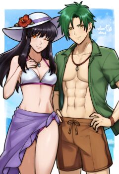 1boy 1girl abs absurdres amulet arm_up astrid_(fire_emblem) bikini black_hair commentary commission commissioner_upload fire_emblem fire_emblem:_radiant_dawn green_hair green_shirt hands_on_own_hips highres ko-fi_commission long_hair muscular muscular_male nintendo open_clothes open_shirt orange_eyes purple_sarong rotomdocs sarong shirt smile sothe_(fire_emblem) swimsuit white_bikini yellow_eyes