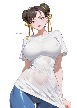 Rule 34 | 1girl, absurdres, blue pants, breasts, brown eyes, brown hair, capcom, chun-li, commentary, covered erect nipples, cowboy shot, double bun, hair bun, hair ribbon, highres, large breasts, looking at viewer, melowh, pants, parted lips, ribbon, see-through clothes, see-through shirt, shirt, shirt tug, simple background, solo, standing, street fighter, wet, wet clothes, wet shirt, white background, white shirt, yellow ribbon