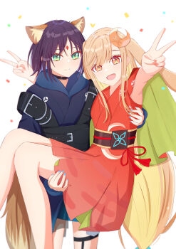 Rule 34 | 2girls, absurdres, animal ears, black hair, blonde hair, carrying, chinese commentary, cho kaguya-hime!, commentary request, crescent, crescent hair ornament, fox ears, fox girl, fox tail, green eyes, hair ornament, haita shuizuguan, highres, japanese clothes, kaguya (cho kaguya-hime!), kimono, long hair, looking at viewer, lop rabbit ears, multiple girls, open mouth, orange eyes, orange hair, princess carry, purple hair, rabbit ears, sakayori iroha, smile, tail, v, very long hair, virtual youtuber