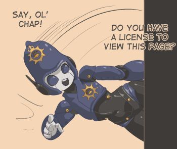 2025 commentary english_commentary english_text helmet looking_at_viewer open_mouth original pointing pointing_at_viewer police police_uniform robot simple_background solo souldroids teeth upper_teeth_only