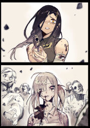 Rule 34 | 2girls, 865791642, absurdres, blood, blood on face, braid, breasts, brown hair, colored skin, eyes visible through hair, finger on trigger, grey hair, grey skin, gun, hair ornament, hair over one eye, handgun, highres, holding, holding gun, holding weapon, large breasts, long braid, long hair, looking at viewer, mole, mole under eye, multicolored hair, multiple girls, nijisanji, open mouth, orange eyes, shirayuki tomoe, shirayuki tomoe (1st costume), single braid, sukoya kana, undead, virtual youtuber, weapon, x hair ornament, zombie, zombification