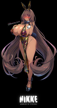 Rule 34 | 1girl, animal ears, black background, black dress, blush, breasts, brown eyes, brown hair, character name, covered erect nipples, curvy, dark-skinned female, dark skin, detached collar, dress, goddess of victory: nikke, hands on own chest, highres, housou-kun, huge breasts, long hair, noir (nikke), pelvic curtain, rabbit ears, rabbit tail, revealing clothes, side slit, simple background, solo, tail, very long hair