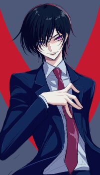 1boy bellomi918 black_hair black_jacket closed_mouth code_geass collared_shirt commentary cowboy_shot english_commentary formal_clothes geass grey_background hair_over_one_eye hand_on_own_chest highres jacket lelouch_vi_britannia long_sleeves looking_at_viewer male_focus necktie open_clothes open_jacket purple_eyes red_background red_necktie shirt short_hair sidelighting simple_background smirk solo suit white_shirt wing_collar