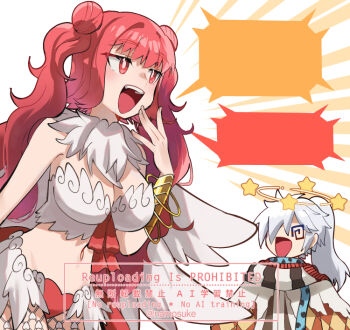 1boy 1girl :d @_@ bikini black_scarf black_vest blue_scarf blush breasts cleavage commentary_request cowboy_shot feather_trim feathered_wings hair_over_one_eye large_breasts long_hair minstrel_(ragnarok_online) mismatched_bikini namosuke_(oetwmkekmz) navel open_mouth pink_eyes pink_hair polka_dot polka_dot_scarf ragnarok_online red_bikini red_scarf scarf seeing_stars smile striped_clothes striped_scarf swimsuit twintails vest wanderer_(ragnarok_online) watermark white_bikini white_scarf white_wings wings