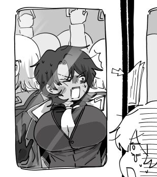 &gt;_o 1boy 1girl 5others against_glass breast_press breasts breasts_on_glass buttons cheek_squash collared_shirt crowded from_outside genderswap genderswap_(mtf) gloves heathcliff_(project_moon) highres large_breasts limbus_company long_sleeves multiple_others necktie ngancurindunia one_eye_closed open_mouth parted_bangs project_moon shirt short_hair sinclair_(project_moon) sweat vest