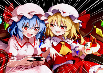 2girls ascot bat_wings blonde_hair blue_hair blush collared_shirt commentary_request commission controller couch crystal crystal_wings fang fingernails flandre_scarlet frilled_shirt_collar frills game_controller hat hat_ribbon holding holding_controller holding_game_controller long_hair mob_cap multicolored_wings multiple_girls on_couch one_side_up open_mouth pink_hat pink_nails pink_shirt pink_skirt playing_games puffy_short_sleeves puffy_sleeves red_eyes red_nails red_skirt red_vest remilia_scarlet ribbon shiguma_(signalmass) shirt short_sleeves siblings sisters sitting skeb_commission skirt skirt_set sleeve_bow smile sweatdrop touhou vest white_hat wings yellow_ascot