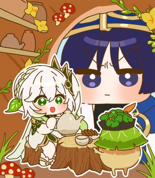 1boy 1girl absurdres anklet badamon black_bodysuit blue_cape blue_hat blunt_ends blush bodysuit bright_pupils cape closed_mouth colored_tips cross-shaped_pupils cup dress eyelashes flower frown furrowed_brow genshin_impact giant gold grass green_cape green_eyes green_hair green_sleeves hair_between_eyes hair_ornament hat highres holding holding_kettle indoors japanese_clothes jar jewelry jingasa kettle kimono leaf leaf_hair_ornament long_hair looking_at_another looking_at_creature multicolored_hair mushroom nahida_(genshin_impact) on_tree_stump open_mouth outline plant plate purple_eyes purple_hair scaramouche_(genshin_impact) short_sleeves shoulder_peek side_ponytail sidelocks sitting socks streaked_hair symbol-shaped_pupils tareme tree_stump v-shaped_eyebrows vines wanderer_(genshin_impact) white_dress white_hair white_kimono white_outline white_pupils white_socks wispy_bangs yellow_flower