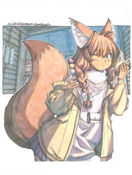 1girl animal_ear_fluff animal_ears architecture bag blush braid brown_hair chain chewing dango east_asian_architecture eating food fox_ears fox_girl fox_tail hair_intakes highres indoors low_twin_braids making-of_available meiz off-shoulder_jacket off_shoulder one_eye_closed original outline painting_(medium) pleated_skirt ribbon scenery shikishi sidelocks skirt solo steamed_bun sweater tail thighhighs traditional_media turtleneck turtleneck_sweater twin_braids wagashi watercolor_(medium) white_outline